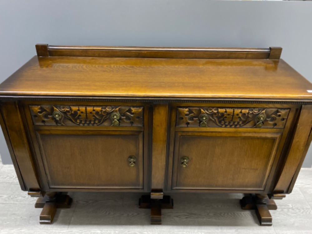 Antique Carved oak sideboard fitted 2 drawers & below cupboards, from St. Cuthbert's Church,