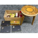 Vintage wooden 3 legged stool together with miscellaneous cigarette, tobacco & toffee tins