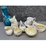 3x pieces of vintage shell shaped Belleek, together oriental blue foo dragon vase & commemorative