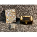 Lovely mother of pearl card holder together with small Indian chest inlayed with bone and lighter