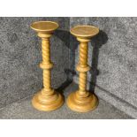 Pair of wooden barley twist pedestal plant stands, heights 70cm & 72cm