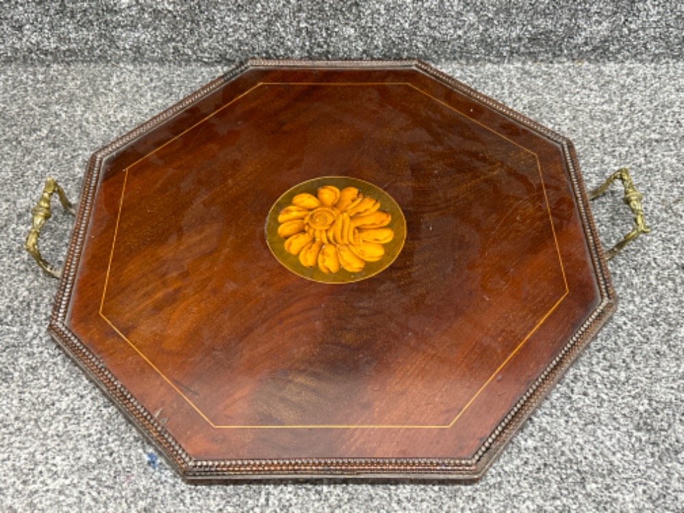 Edwardian inlaid mahogany octagonal shaped serving tray with twin brass handles - 49x52cm