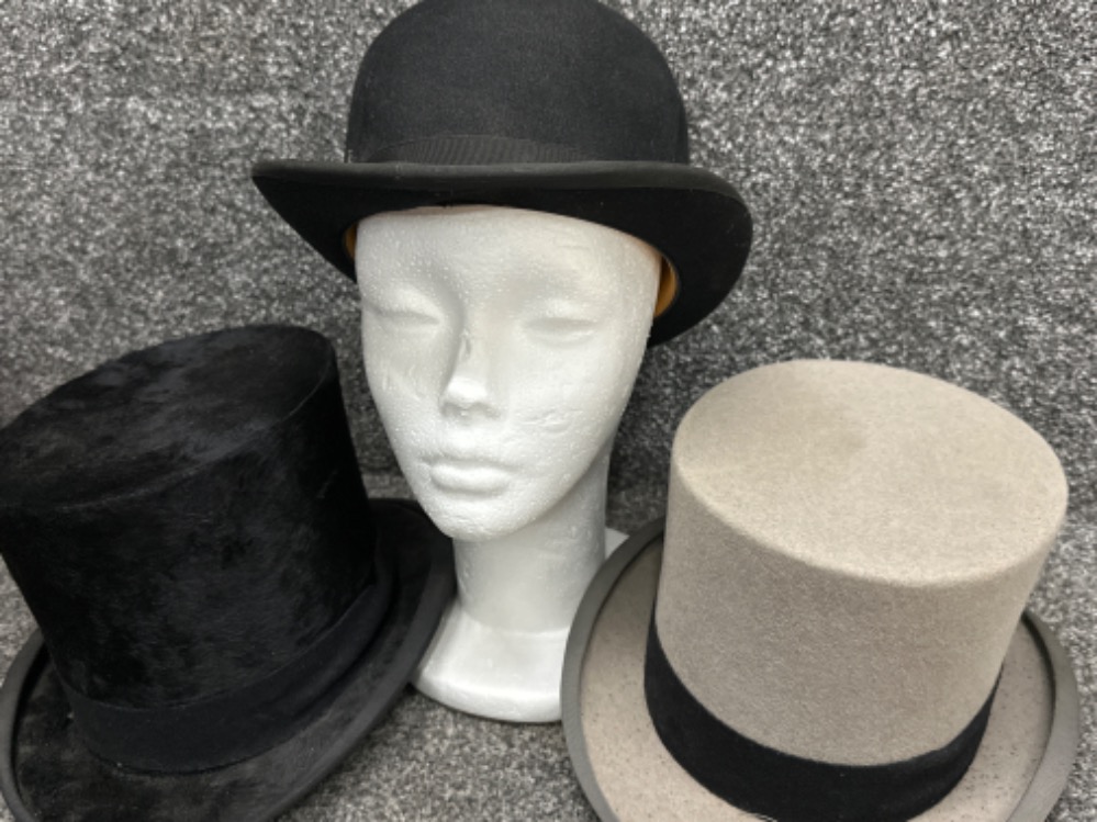 3x gentleman’s hats includes 2x top hats - Isaac Walton & Co and Moss Bros Covent Garden, (Bowler - Image 2 of 3