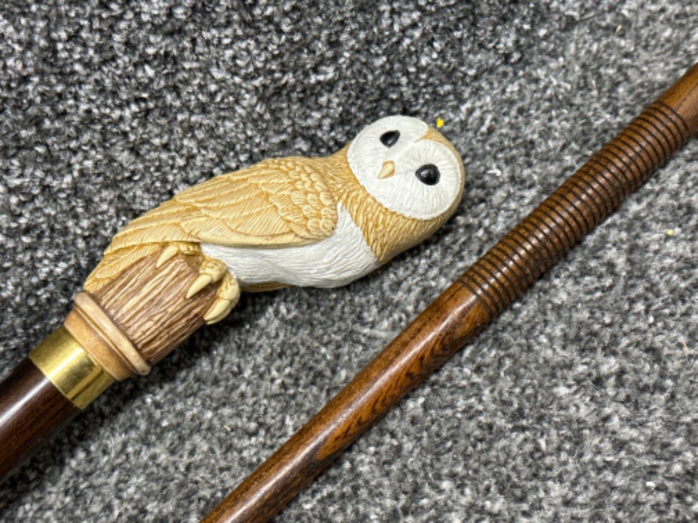 Vintage owl handle walking stick together with an Antique firearm maintenance cleaning rod - Bild 2 aus 2