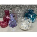 4x pieces of Mary Gregory glass ware (2x clear & 2x blue) together with Caithness decanter &