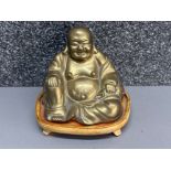 Vintage heavy brass Buddha on wooden base