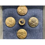 Framed 5 piece military button presentation- features the WWII RAF Secret tunic button compass to