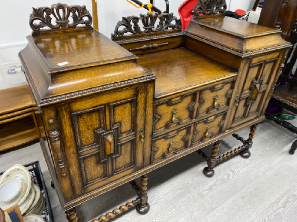 Antique carved Oak Jacobean sideboard with barley twist supports, from the St. Cuthbert's Church,