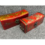 2x Chinese twin handled wooden & leather topped keepsake boxes, hand painted