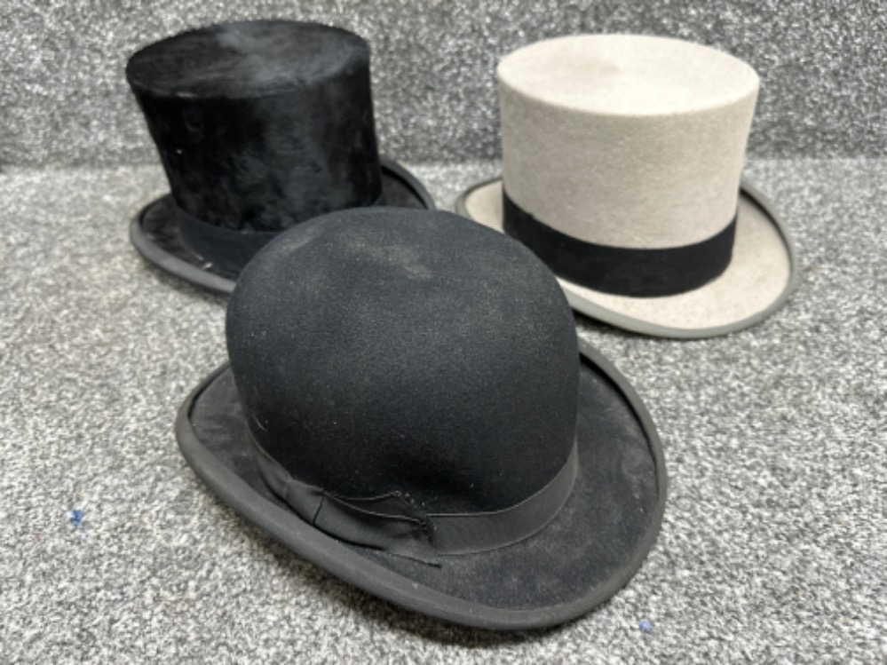 3x gentleman’s hats includes 2x top hats - Isaac Walton & Co and Moss Bros Covent Garden, (Bowler