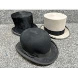 3x gentleman’s hats includes 2x top hats - Isaac Walton & Co and Moss Bros Covent Garden, (Bowler