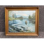 Large frame oil on canvas painting by E. Charles of a gentleman fishing in river. Signed bottom left