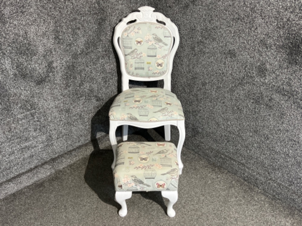 Painted white mahogany framed chair and matching footstool (bird and butterfly themed)
