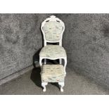 Painted white mahogany framed chair and matching footstool (bird and butterfly themed)