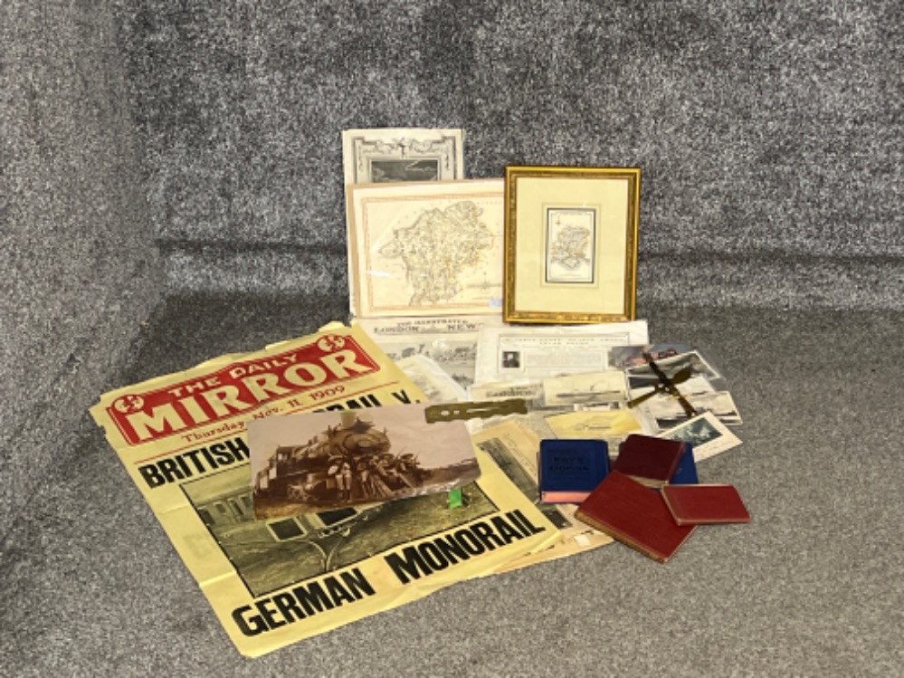 Box of ephemera including posters, books and button polisher etc