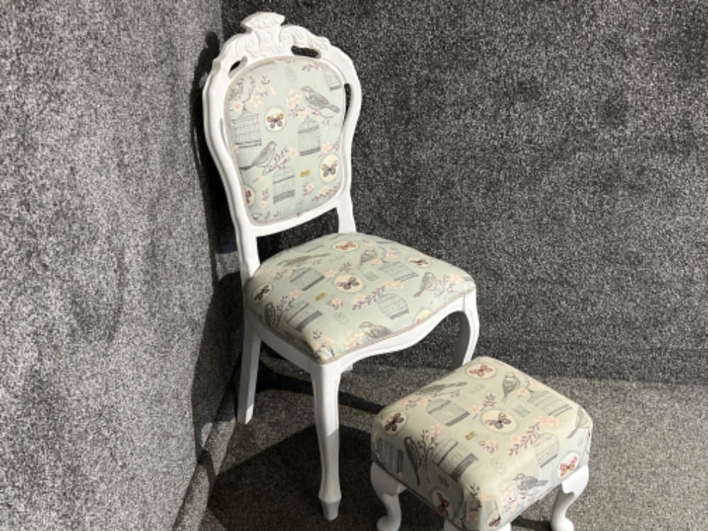 Painted white mahogany framed chair and matching footstool (bird and butterfly themed) - Image 2 of 3