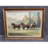 Large gilt framed oil on canvas painting of horses and coach with castle in background by E. Charles