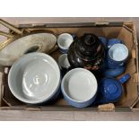 Box containing vintage dressing table set, blue Denby & large vase etc