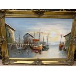 Large gilt framed oil on canvas painting of a harbour scene, signed bottom right by the artist “