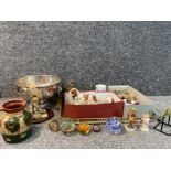 Large tray of misc items to include Royal Doulton Dog, 5 paper weights and detailed owl figure