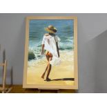 Large framed oil on canvas painting - girl on the beach, signed by the artist Jan Szymczuk,