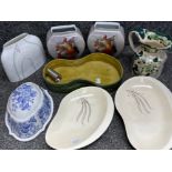 Box of miscellaneous ceramic items to include Masons ironstone jug, pair of Goebel vases, Spode blue