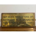 Antique brass sign on wooden base from the Zetland “Not more then 4 tons of anthracite to be