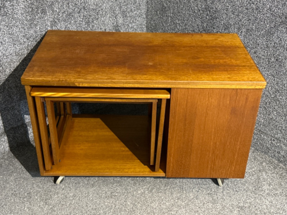 Vintage 1960’s-1970’s Mcintosh teak table with storage nest of 2 tables/side cabinet & flip twist