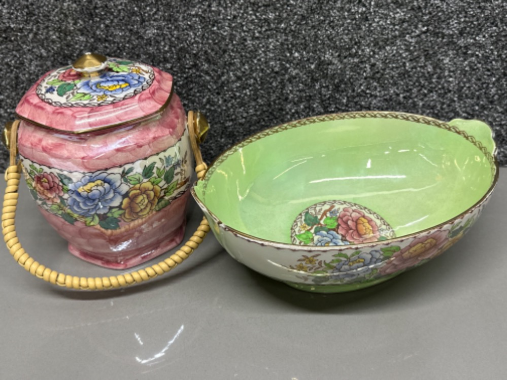 2x pieces of Maling Lustre “Peony Rose” - large green bowl & pink lidded basket
