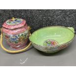 2x pieces of Maling Lustre “Peony Rose” - large green bowl & pink lidded basket