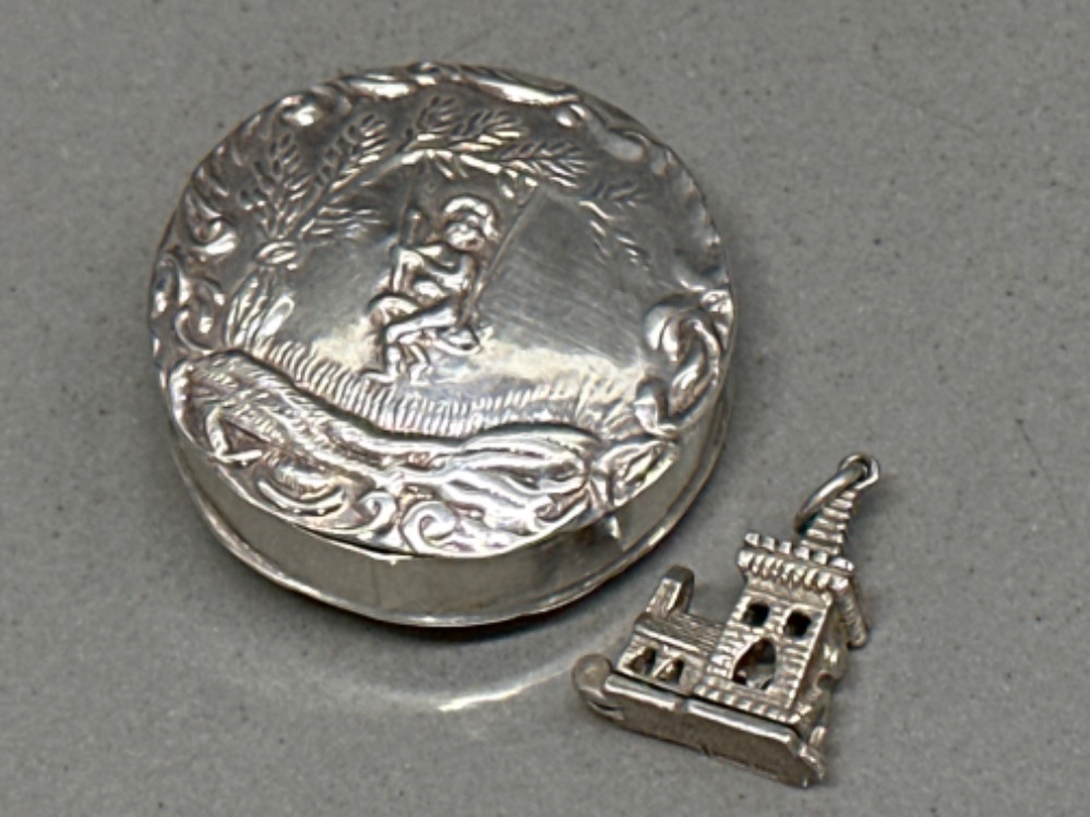 Decorated silver small trinket box (by CME Jewellery LTD) and silver church charm