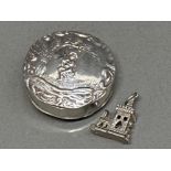 Decorated silver small trinket box (by CME Jewellery LTD) and silver church charm