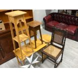 Group lot containing stained glass hanging, occasional tables, carved chair etc