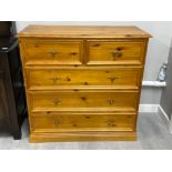 Large heavy pine 5 drawer chest, fitted with brass handles, 100x45.5cm, height 99cm