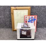 Winnie the pooh framed sketches, part stamp album and wooden photo frame box