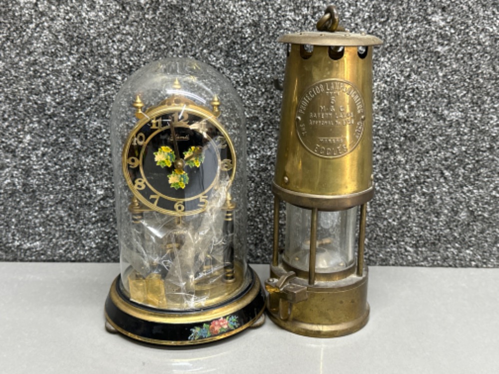 Eccles type 6 brass Miners lamp together with vintage glass dome anniversary clock (damage to dome)