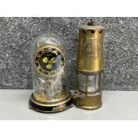 Eccles type 6 brass Miners lamp together with vintage glass dome anniversary clock (damage to dome)