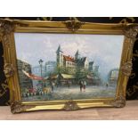 Large gilt framed oil on canvas painting signed Burnett, Street/Market scene - 90x60cm, frame size