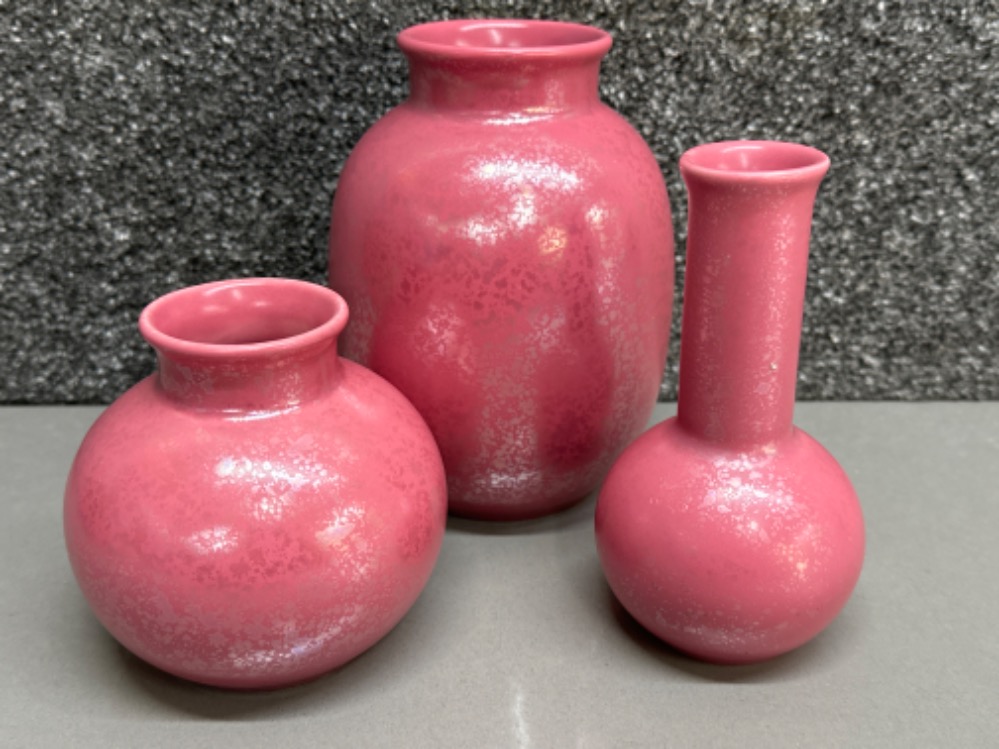 3 different iridescent Poole pottery pink Lustre vases