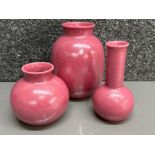 3 different iridescent Poole pottery pink Lustre vases