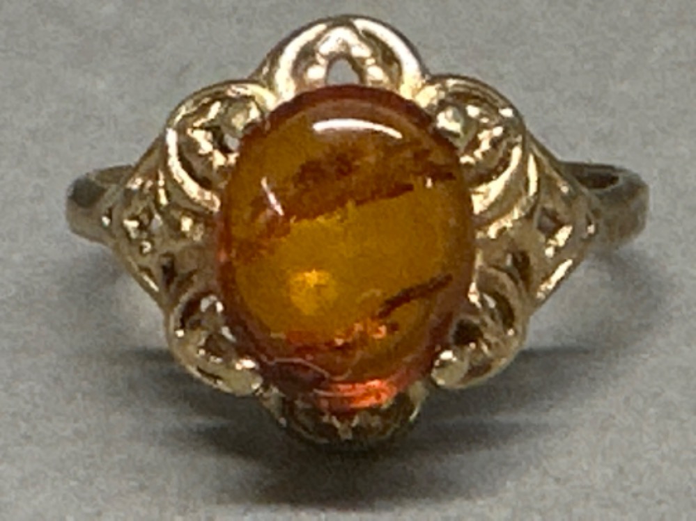 Gold on silver oval amber ring - size R