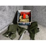 Box of various fishing items to include clothen and fishing bags