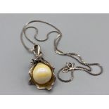 Silver and pearl drop pendant and silver necklet