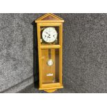 Light oak framed German Kieninger wall clock with key & pendulum- Height 90cm