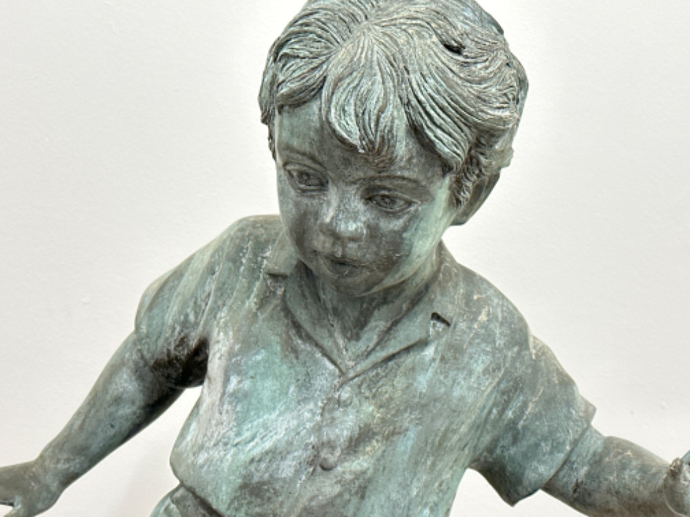 Large Bronze child statue “stand on the rocks” Patina to bronze in green finish, fantastic piece - Image 2 of 3