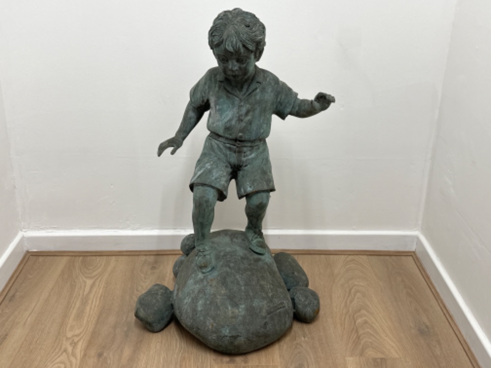 Large Bronze child statue “stand on the rocks” Patina to bronze in green finish, fantastic piece