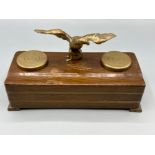 Vintage Solid oak & brass inlaid double inkwell with brass eagle mascot, includes both original