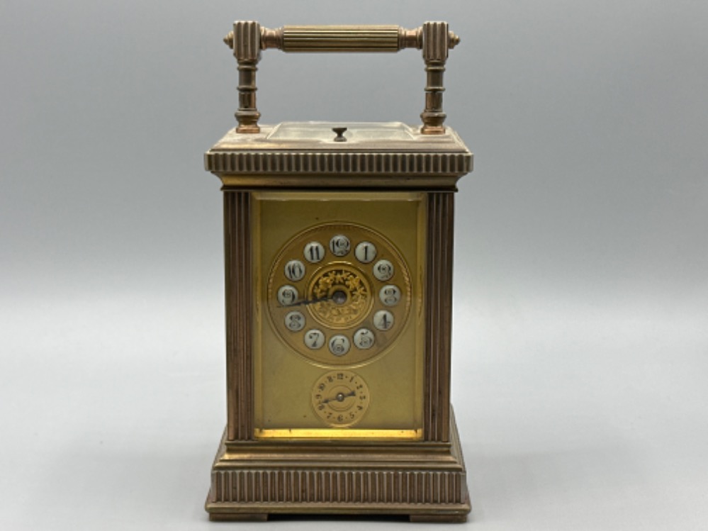 19th century brass carriage clock with enamelled circular dials & original hands, bevelled glass