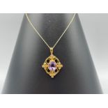 9ct Gold Edwardian Amethyst Pendant on 40cm Chain - Combined Weight of 4.42 grams