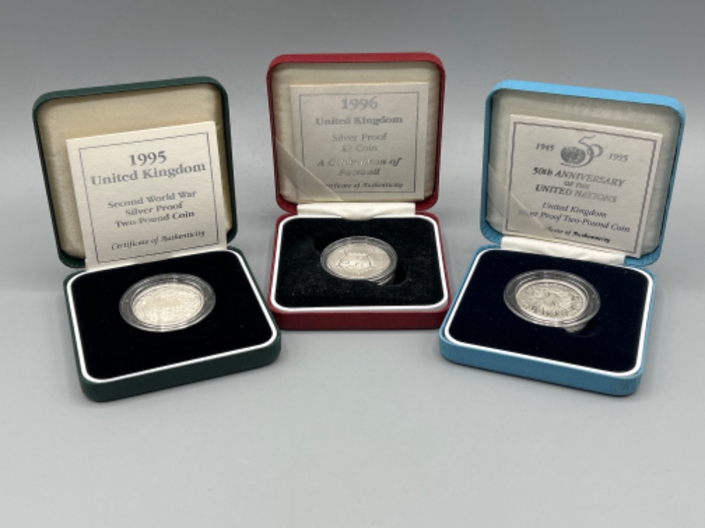 3 Royal mint UK silver proof £2 coins, WWII, Celebration of Football and 50th anniversary of